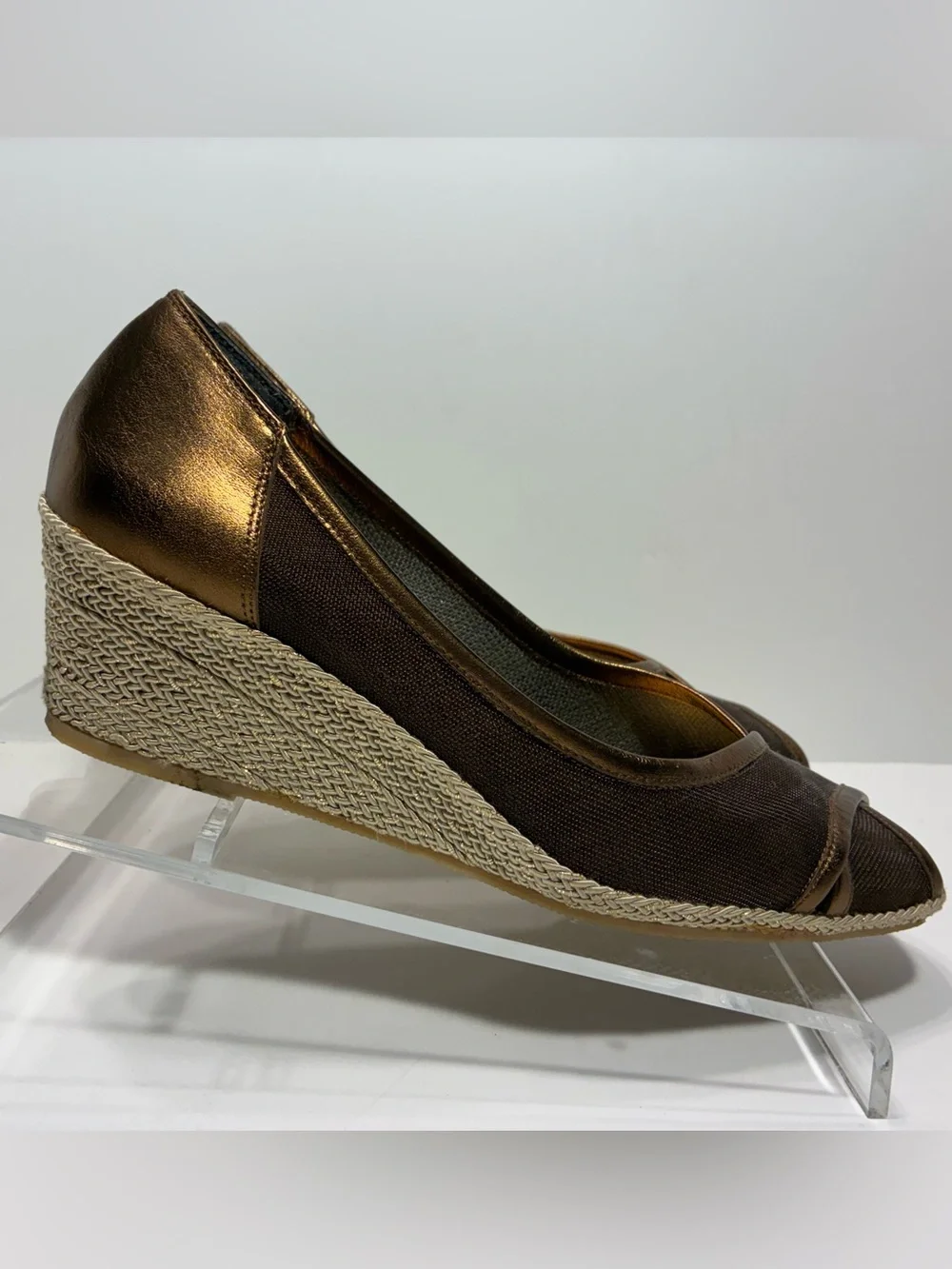 Sesto Meucci ITALY MADE Bronze Brown Peep Toe Espadrille Wedges Size 8.5